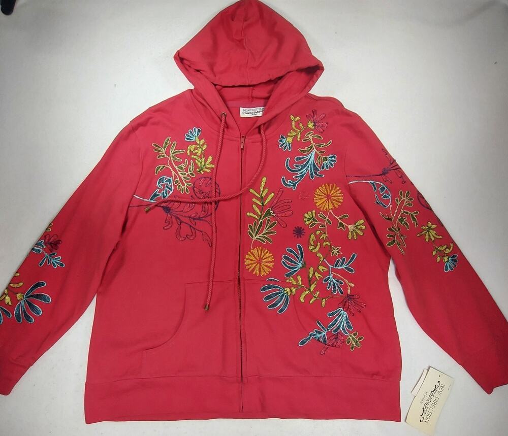 Vtg NWT 2X NEW DIRECTIONS Woman Red Full Zip Embroidered Hoodie Gorgeous Y2K